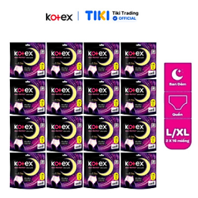 (Thùng 16 gói) Băng vệ sinh Kotex ban đêm dạng quần cỡ M/L và L/XL 2 quần/1 gói