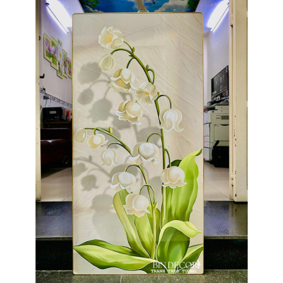 (ẢNH THẬT) Tranh treo tường hoa linh lan trắng bo viền vàng kèm đinh treo
