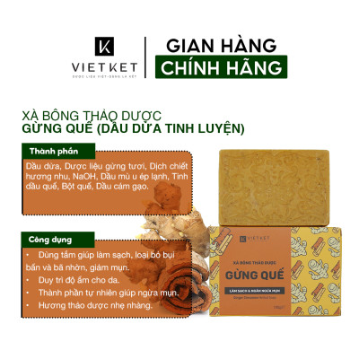 Cục Xà Bông Thảo Dược Gừng Quế VIETKET 100g - Làm Sạch, Giảm Mụn Lưng, Sáng Da, Duy Trì Độ Ẩm, Hương Thơm Thảo Dược