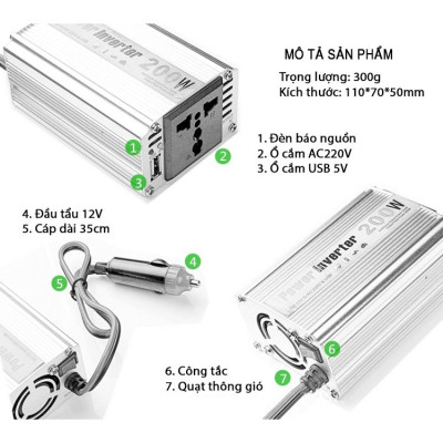 Bộ Chuyển Đổi Nguồn Điện DC 12V Sang AC 110V/220V 200W Cho Xe Ô Tô Cao Cấp - Hàng Nhập Khẩu