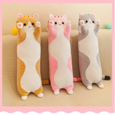 Gối Ôm Gấu Bông Mèo Dài Bông Tuyết Siêu Mịn Xám