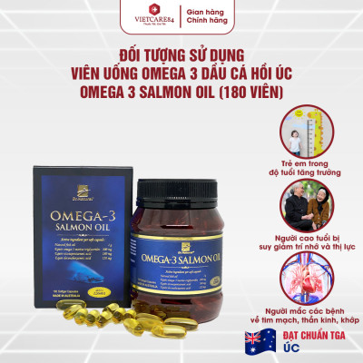 Viên uống Omega 3 dầu cá Hồi nhập khẩu chính hãng Úc OMEGA 3 SALMON OIL (180 viên) hỗ trợ giảm mỡ máu, giảm nguy cơ xơ vữa động mạch, cung cấp các chất dinh dưỡng cần thiết cho não bộ, tốt cho mắt