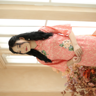 Áo dài cách tân thiết kế lụa cam kết hoa ( size XL )