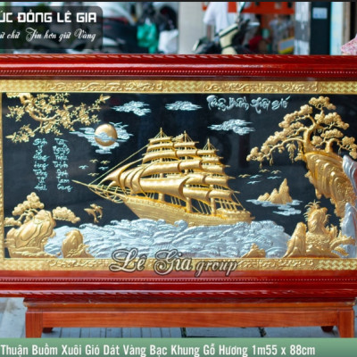 Tranh Đồng Thuận Buồm Xuôi Gió dát vàng bạc khung gỗ hương 1m55 x 88cm
