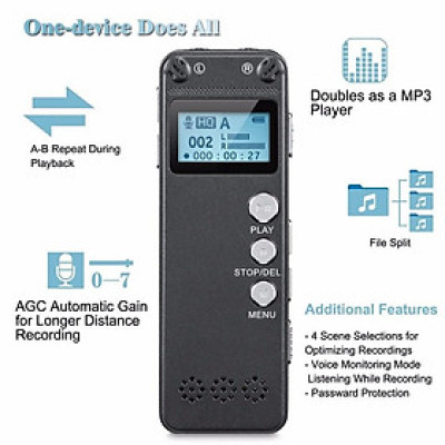 KHUYẾN MÃI KHỦNG, SỐ LƯỢNG CÓ HẠN - ROGTZ - Máy ghi âm mini A500: Bộ nhớ trong 8GB Pin "trâu" 80 giờ Chống ồn chủ động Ghi âm đa hướng Màn hình LCD Kết nối đa dạng USB2.0 Mã hóa mật khẩu Hỗ trợ nhiều định dạng MP3, WAV, WMA, FLAC, APE, OGG Hàng Chính Hãng