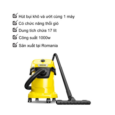 Máy hút bụi đa năng khô và ướt  WD 3 V Car dành cho Karcher - Công suất 1000W - Dùng cho gia đình và ô tô - Hàng Chính Hãng