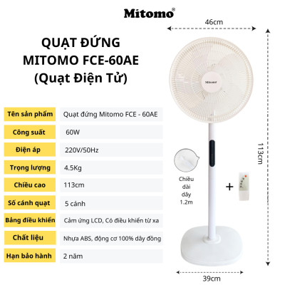 Quạt Cây Đứng Mitomo FCE-60 có điều khiển từ xa, hẹn giờ hàng chính hãng