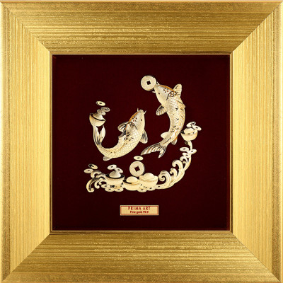 Tranh Vàng 24K PRIMA ART - Đôi Cá Chép Phúc Ngậm Tiền - Size 18x18cm - CGS-0732-01