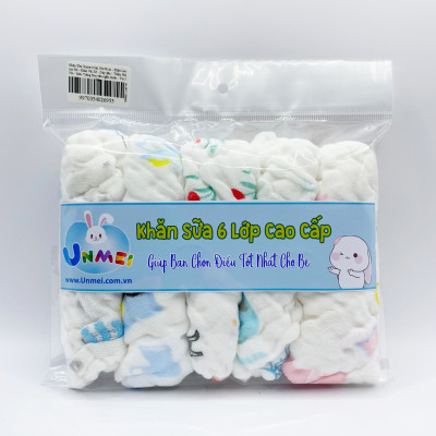 Khăn Sữa Cotton Unmei 6 lớp cho Bé, 30x30cm, Khăn Vải Xô Dày dặn, Thấm Hút Tốt, Màu Trắng Hoa văn ngẫu nhiên