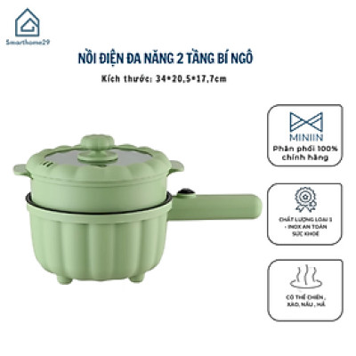Nồi Điện Mini 2 Đa Chức Năng Kèm Lồng Hấp, Ca Mỳ Tay Cầm Nồi Bí Ngô 2 Tầng Nấu Cơm, Chiên, Xào, Rán Tiện Lợi - Hàng Chính Hãng MINIIN