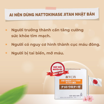 Thực phẩm bảo vệ sức khỏe Nattokinase Jintan Nhật Bản, hỗ trợ giảm mỡ máu, ngừa đột quỵ, tai biến, hộp 60 gói