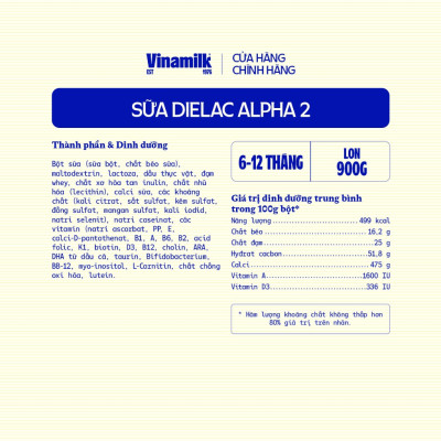 Hộp Sữa bột Vinamilk Dielac Alpha 2 - Hộp thiếc 900g (cho bé từ 6 - 12 tháng tuổi)