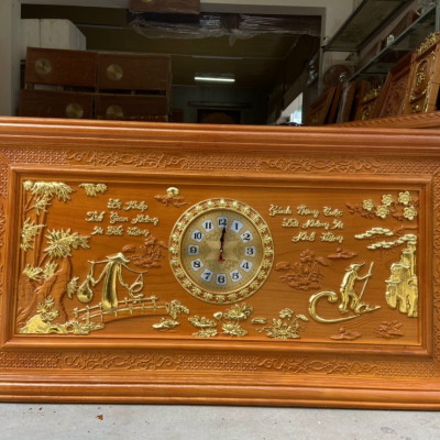 Tranh đồng hồ treo tường khắc chữ cha mẹ bằng gỗ gõ kt 67×127×4cm