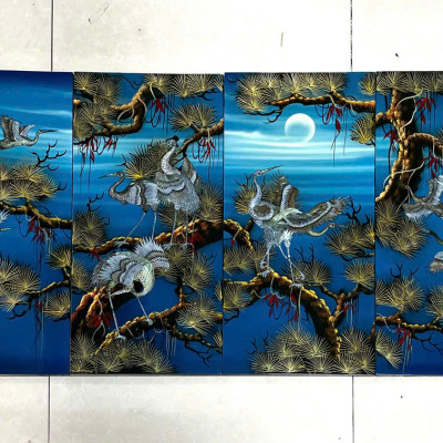 Bộ Tranh sơn mài 4 tấm- TÙNG HẠC DIÊN NIÊN - Khảm cừ size 60x120 cm / hàng cao cấp , xuất khẩu