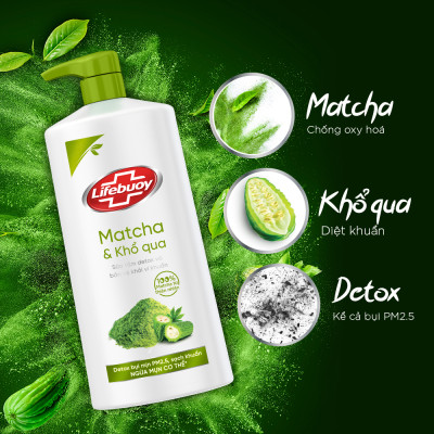 Sữa Tắm Lifebuoy 800gr Detox Và Sạch Sâu Khỏi Bụi Mịn Pm2.5 Detox 100% Từ Thiên Nhiên Diệt Khuẩn - Matcha & Khổ Qua
