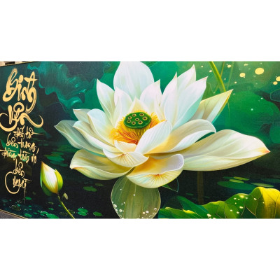 (ẢNH CHỤP THẬT) Tranh treo tường tráng gương hoa sen trắng trang trí phòng khách, phòng thờ