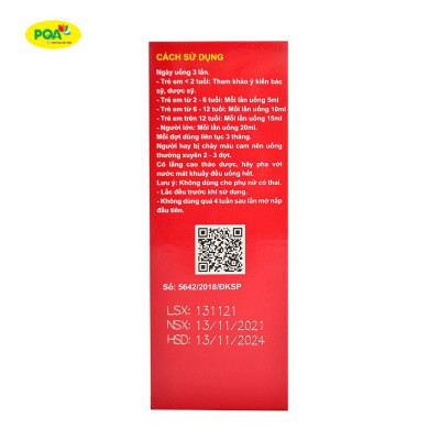 Chỉ Huyết PQA Thành Phần Từ Thiên Nhiên Hỗ Trợ Thanh Nhiệt, Cầm Máu Và Hạn Chế Xuất Huyết Hộp 125ml