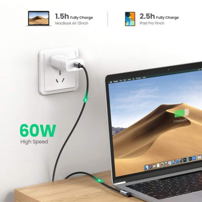 Ugreen UG50125US255TK 2M 60W bẻ góc 90 độ hỗ trợ sạc nhanh PD cáp USB type C màu đen mạ nickel đầu bọc nhôm - HÀNG CHÍNH HÃNG