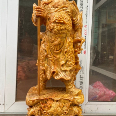 Tượng quan công trấn ải bằng gỗ huyết long kt cao 60×23×14cm