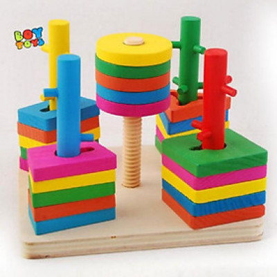 Đồ Chơi Gỗ Luyện Tay Luồn Cọc Thông Minh - Thả Hình Khối Trên 5 Cột Trụ Đa Dạng Cho Bé