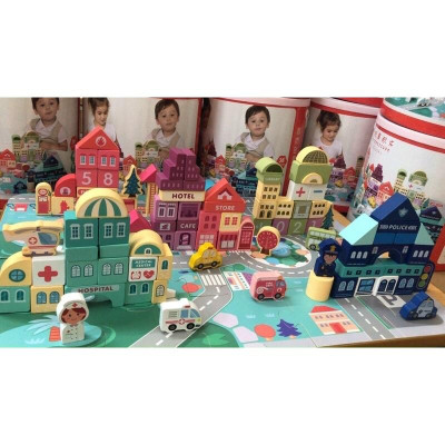 Bộ xếp hình khối mô hình thành phố thu nhỏ bằng gỗ, có tranh ghép nền, giúp bé tăng khả năng sáng tạo