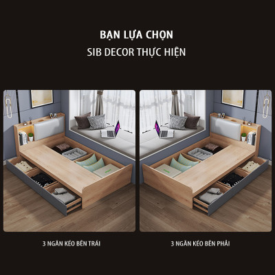 Giường Gỗ Đơn Dài 1.2m Phối Đèn LED và 3 Ngăn Kéo Màu Oak Phối Xám Chì SIB Decor GN16