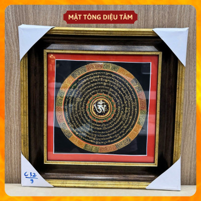 Tranh Mandala Chú Om Mani Padme Hum kèm khung 32cm Vẽ Tay Thủ Công Nepal Tranh chú lục tự chân ngôn Mật tông Diệu Tâm