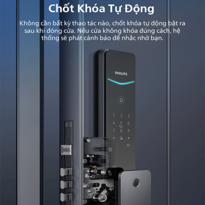 Bộ khóa cửa thông minh Gateway điều khiển từ xa, vân tay, thẻ từ, mật khẩu và chìa cơ, tích hợp kèm chuông cửa Philips DDL801-5HBS - Hàng chính hãng