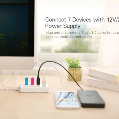 Ugreen UG20296CR116TK Màu Trắng Bộ chia HUB USB 3.0 sang 7 USB 3.0 hỗ trợ nguồn 12V - HÀNG CHÍNH HÃNG