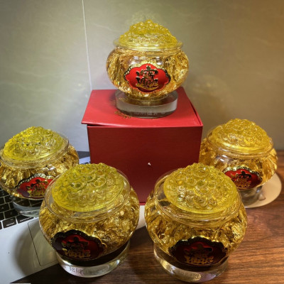 Bát Tụ Bảo vàng lá Thần Tài đế thủy tinh 12cm phong thủy - sung túc chiêu Tài đón Lộc