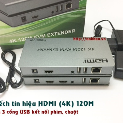 HDMI to Lan - Bộ khuếch đại HDMI 120M qua cáp mạng lan Sinoamigo HDES120-KVM , thêm 3 cổng USB kết nối phím chuột - Hàng chính hãng