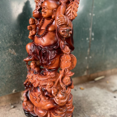 Tượng phật di lặc ngũ phúc bằng gỗ hương đá tô mầu giả cổ kt 60×24×15cm