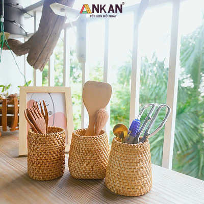 Cốc Mây Tre Đan Thủ Công Đa Năng - Đựng Bút, Cắm Hoa, Trang Trí Bàn Làm Việc - Phong Cách Vintage