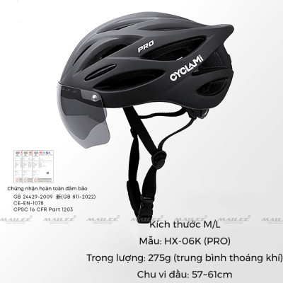 Mũ Bảo Hiểm Đạp Xe CYCLAMI HX-06K PRO với Kính Gió Từ Tính Nhựa ABS/PC cao cấp, lót EPS chống va đập, kính gió từ tính - Mai Lee