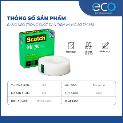 Băng keo trong suốt dán tiền và hồ sơ 3M 810 siêu dính, viết lên được, xé được bằng tay (19mm x 33m)