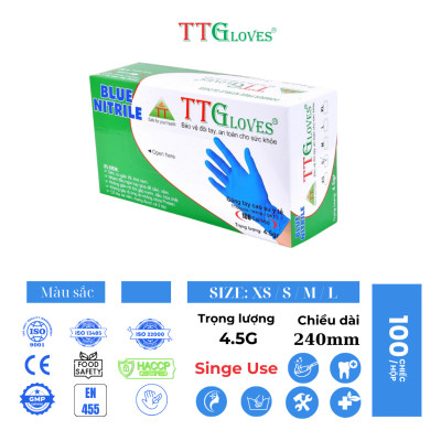 Găng Tay Cao Su Y Tế Size M Không Bột Nitrile TTGLOVES Màu Xanh (100 Chiếc)