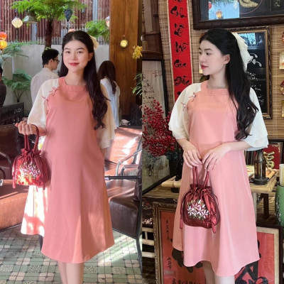 Đầm bầu thiết kế kiểu Áo dài cách tân Chất Cotton Lạnh đính nơ xinh xắn, thanh lịch