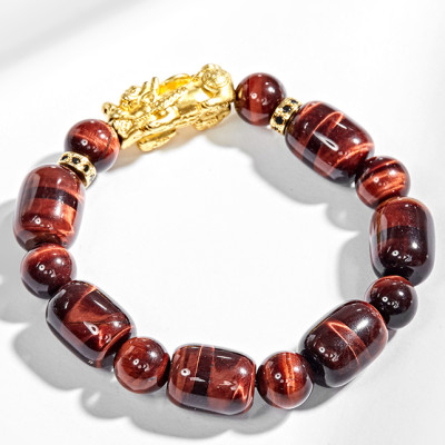 Vòng tay đá thạch anh mắt hổ nâu đỏ phối tỳ hưu bạc mạ vàng (12mm) Ngọc Quý Gemstones