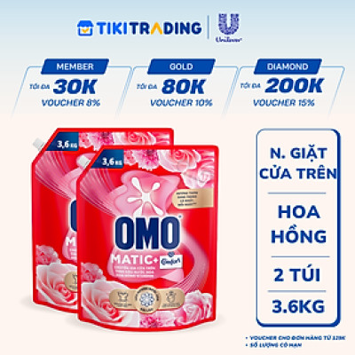Combo 2 Túi Nước Giặt Omo Matic Cho Máy Giặt Cửa Trên Hương Hoa Hồng Ecuador  3.6KG