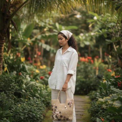 Giỏ Cói Giấy Mềm Dáng Tote Gắn Vỏ Sò, Giỏ Cói Tote Hải Đường ACC142