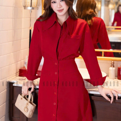 Đầm đỏ cổ sơ mi NGADO , đầm sơ mi , đầm dự tiệc , công sở