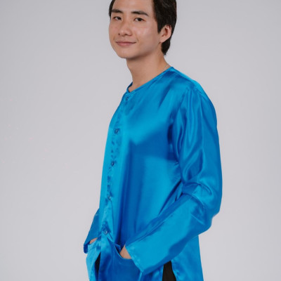 Bộ áo bà ba nam phối áo phi xanh dương + Quần phi đen - Có bộ bà ba Bigsize