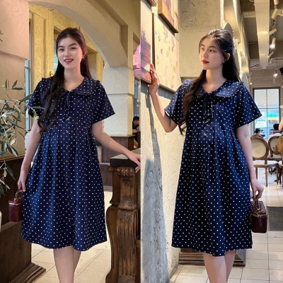 Đầm bầu chấm bi cổ sen phối nút dáng suông cho mẹ mang bầu và sau sinh Váy Bầu Dễ Thương