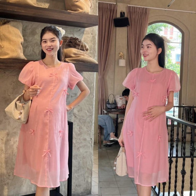 Đầm bầu tơ phom suông đính nơ nhẹ nhàng, dễ thương, sang chảnh Nữ Women