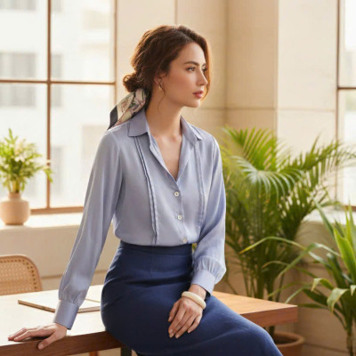 Áo Sơ Mi Lụa Thanh Lâm, Áo Sơ Mi Dài Tay Phong Cách Công Sở Thời trang thiết kế Hity Top173