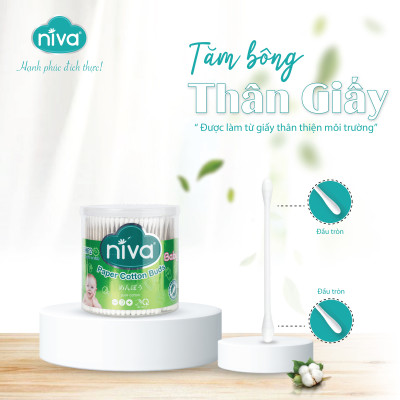 Combo 06 Tăm Bông Niva Cho Trẻ Sơ Sinh Hũ Xoay 400 Que Thân Giấy BHP2 Bông Tự Nhiên Kháng Khuẩn An Toàn, Thân Thiện Môi Trường