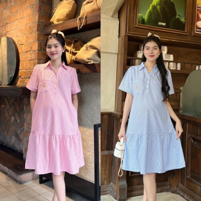 Đầm Bầu Công Sở Cổ Sơ Mi Phối Túi Thêu Phom Đuôi Cá Dễ Thương