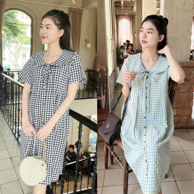 Đầm bầu karo cổ bèo thắt nơ dáng suông dễ thương, trẻ trung, năng động Nữ Women