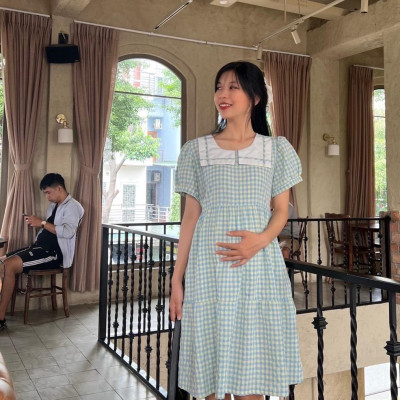 Đầm bầu karo cổ thuỷ thủ phom babydol trẻ trung, đáng yêu