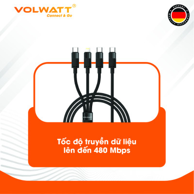 Cáp sạc siêu nhanh 3 đầu Volwatt GE-S36-S3 hàng chính hãng | Type-C ra C (100W)+C(15W)+L(27W), dây bện 1.5m | BH 12 tháng